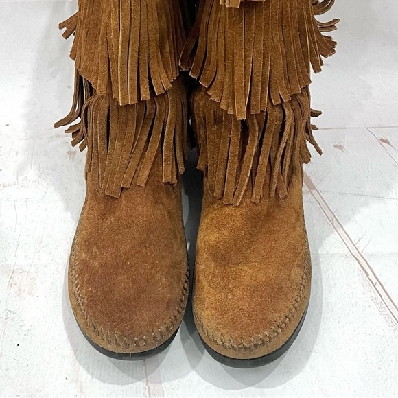 Minnetonka Boho Festival Leather Suede 3 Layer Fringe Moccasin Boots - Picture 5 of 9